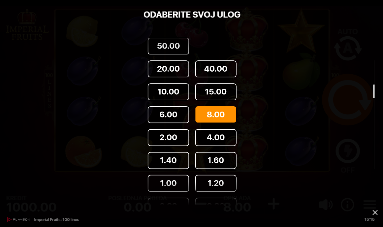 Imperial Fruits 100 lines Demo i besplatna igra