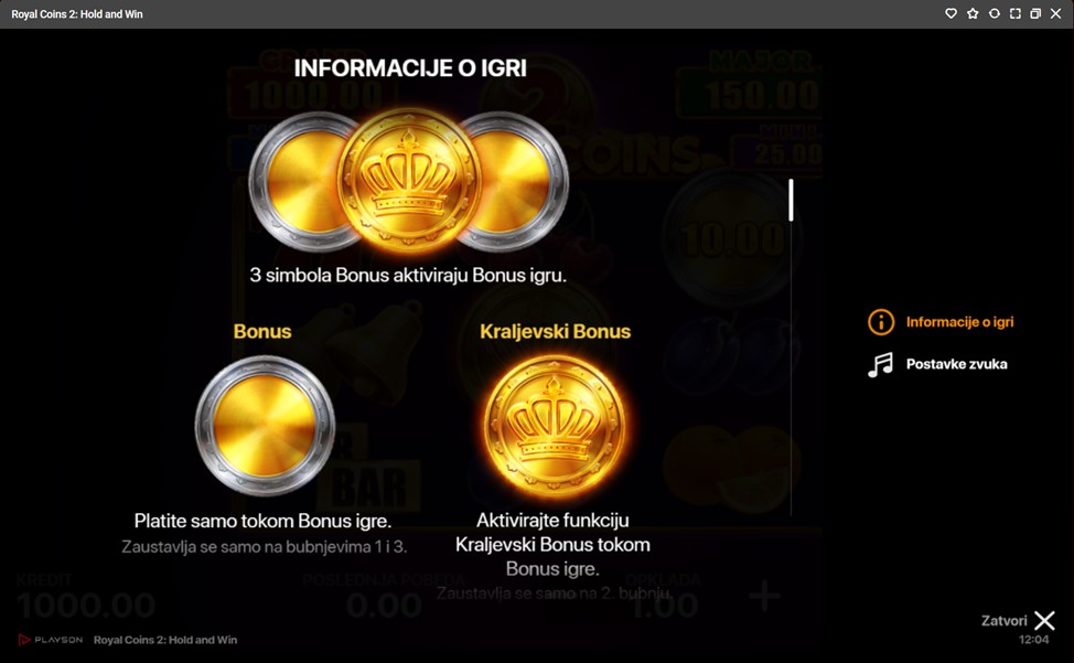 Bonusi i specijalne mogućnosti igre Royal Coins 2 Hold and Win